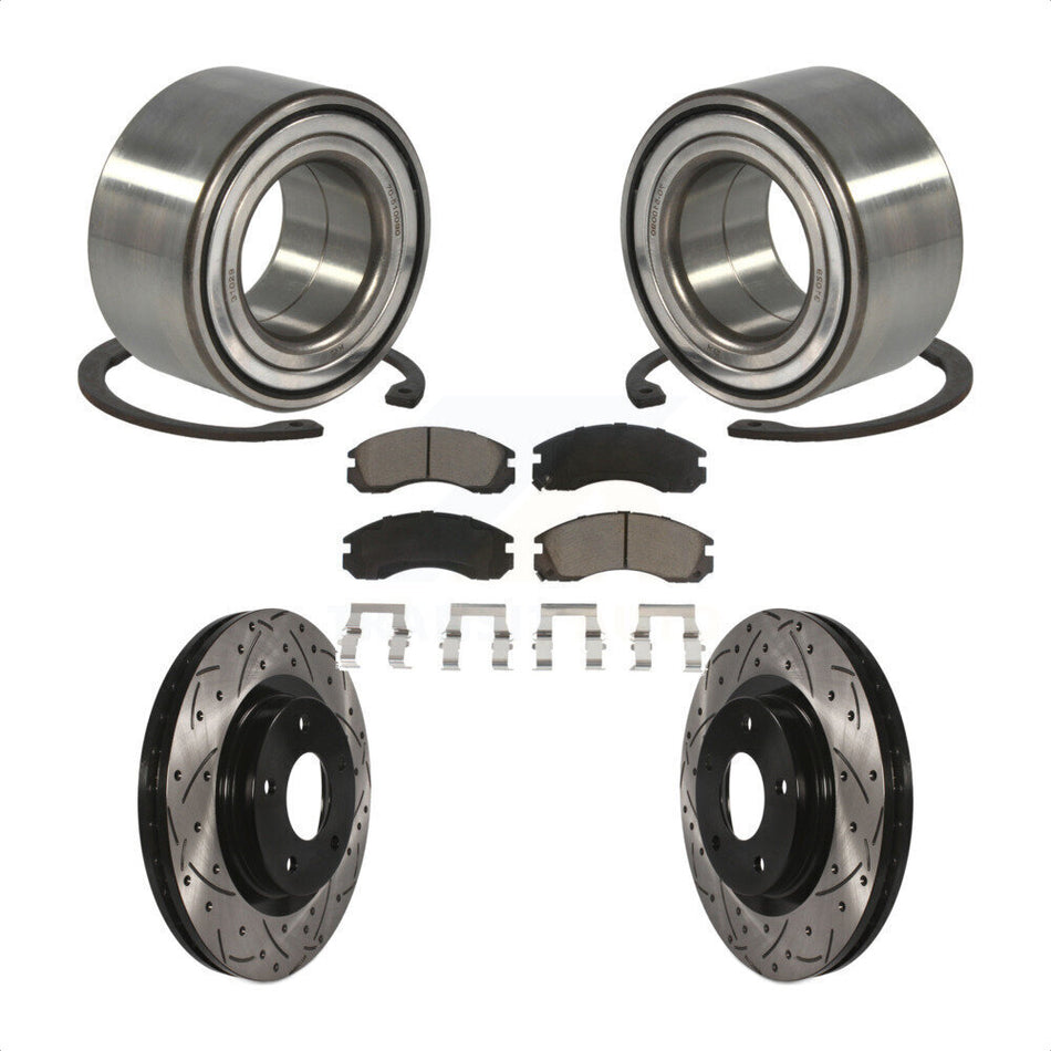 Front Wheel Bearing With Coated Drilled Slotted Disc Brake Rotors And Ceramic Pads Kit For 2017 Mitsubishi Lancer FWD 294mm Diameter Rotor KBB-117656