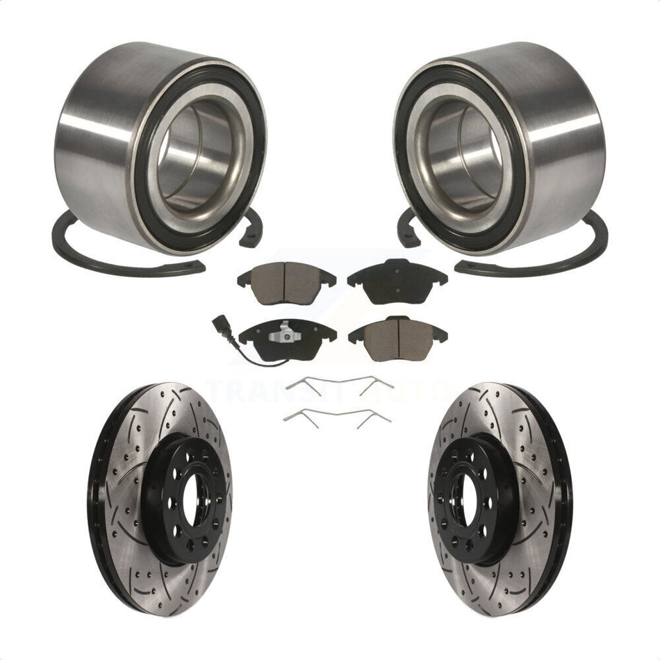 Front Wheel Bearing With Coated Drilled Slotted Disc Brake Rotors And Ceramic Pads Kit For 2005 Volkswagen Jetta 7th 8th Digit Of VIN Is "1K" 288mm Diameter Rotor KBB-117672