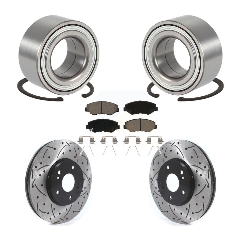 Front Wheel Bearing With Coated Drilled Slotted Disc Brake Rotors And Ceramic Pads Kit For 2003-2004 Honda Pilot KBB-117723