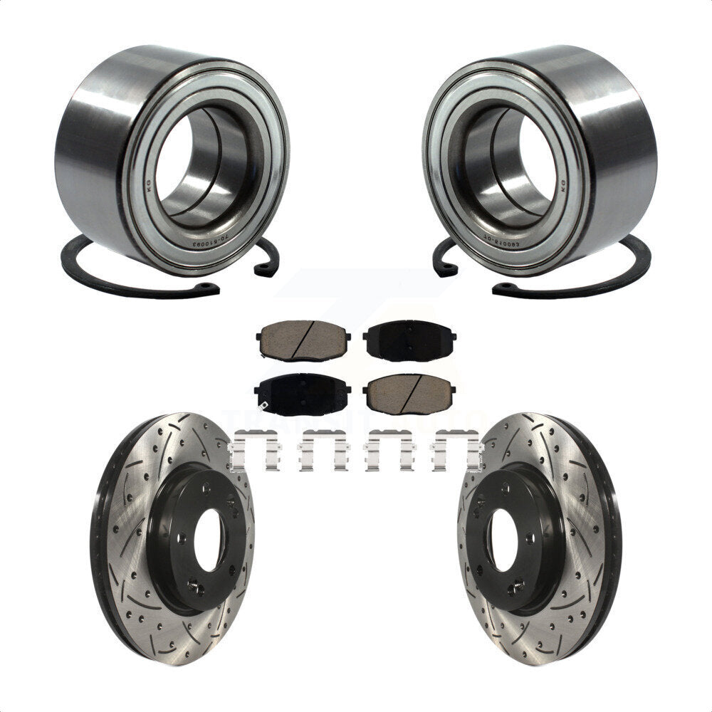 Front Wheel Bearing Coated Drilled Slotted Disc Brake Rotor & Pads Kit For Kia Soul Forte KBB-117734