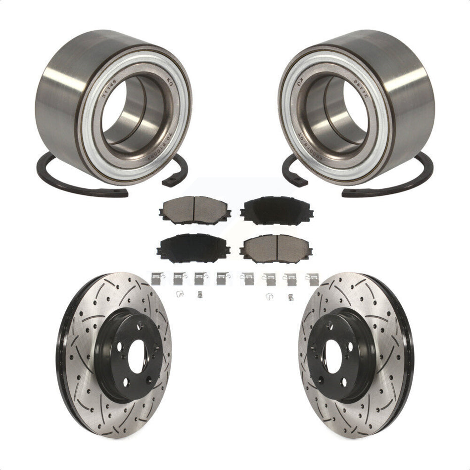 Front Wheel Bearing With Coated Drilled Slotted Disc Brake Rotors And Ceramic Pads Kit For 2008-2014 Scion xD KBB-117750
