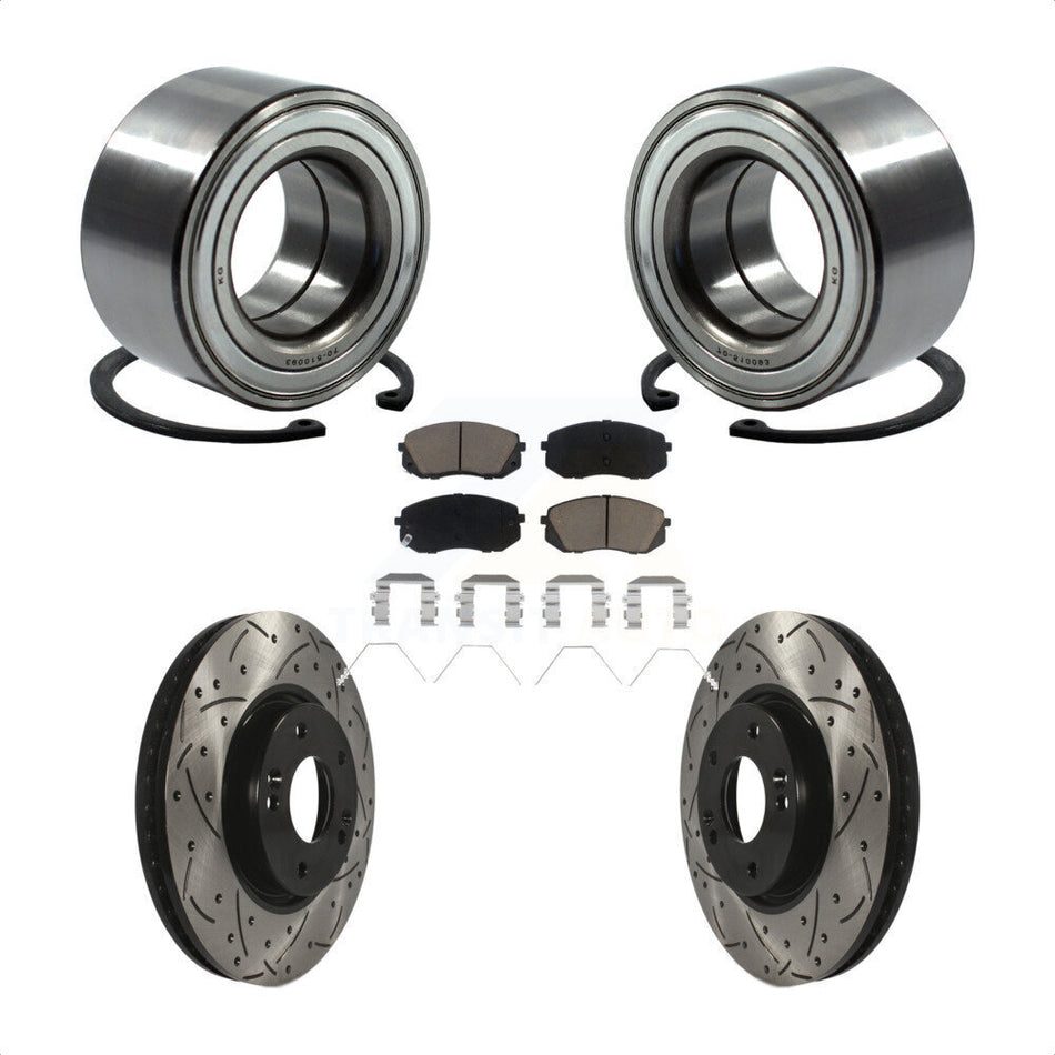 Front Wheel Bearing With Coated Drilled Slotted Disc Brake Rotors And Ceramic Pads Kit For 2017-2019 Kia Soul EV KBB-117760