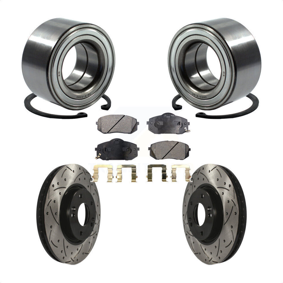Front Wheel Bearing With Coated Drilled Slotted Disc Brake Rotors And Ceramic Pads Kit For 2015-2016 Kia Soul EV KBB-117815