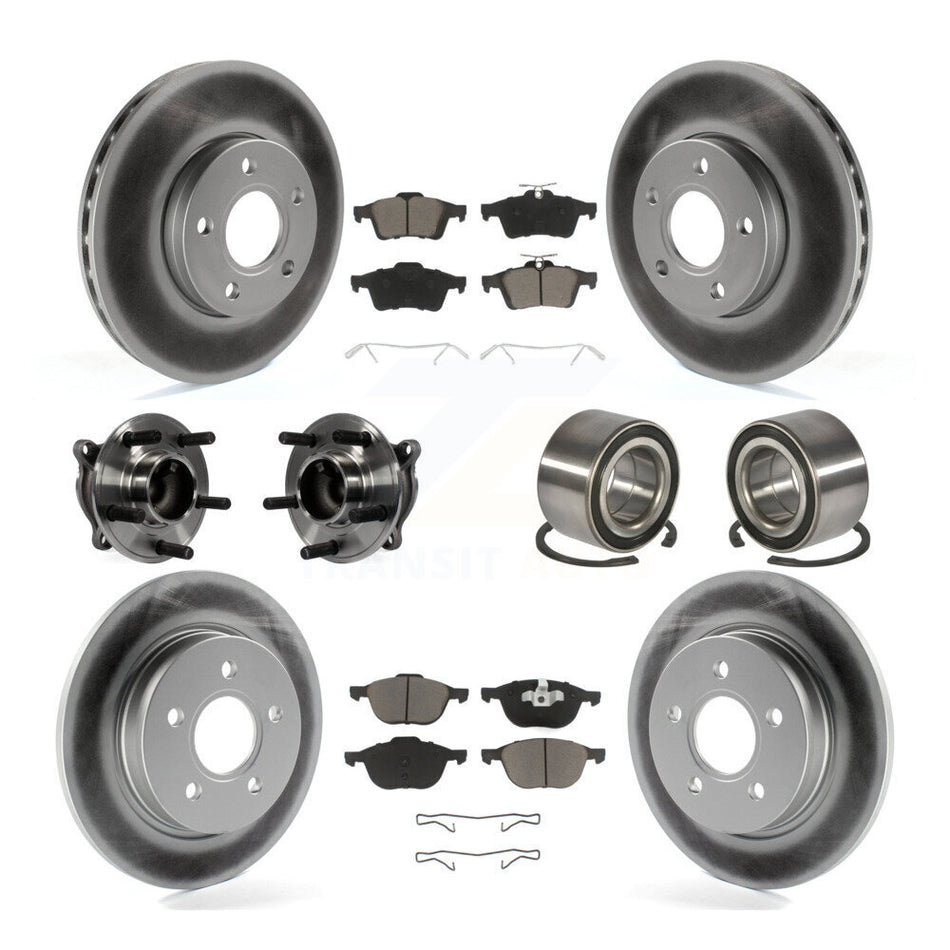 Front Rear Wheel Hub Bearings Assembly Coated Disc Brake Rotors And Ceramic Pads Kit (10Pc) For Ford Focus Without Active Park Assist KBB-117835
