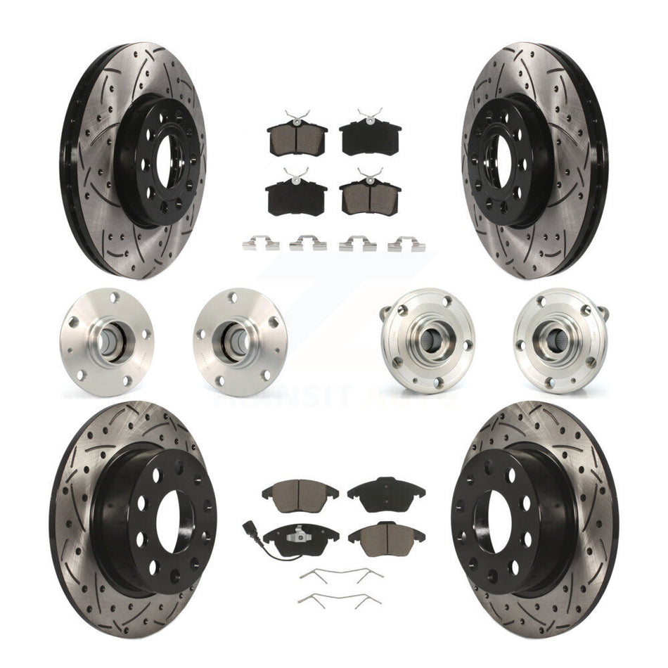 Front Rear Hub Bearings Assembly Coated Disc Brake Rotors And Ceramic Pads Kit (10Pc) For 2014 Volkswagen Beetle Base Highline Comfortline with 2.5L With 253mm Diameter Rotor KBB-119973