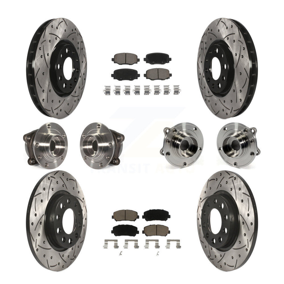 Front Rear Hub Bearings Assembly Coated Disc Brake Rotors And Ceramic Pads Kit (10Pc) For 2015-2017 Chrysler 200 AWD With 305mm Diameter Rotor KBB-120049