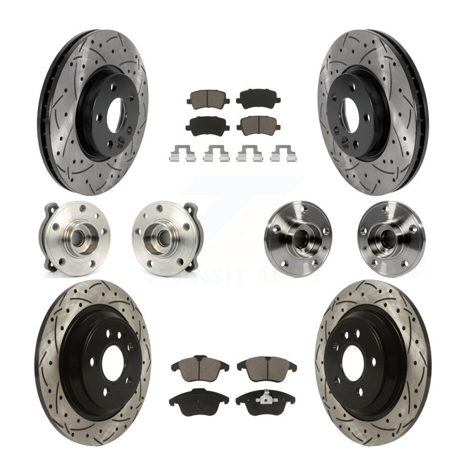 Front Rear Hub Bearings Assembly Coated Disc Brake Rotors And Ceramic Pads Kit (10Pc) For 2013-2014 Volvo S60 3.0L With 300mm Diameter Rotor KBB-120110