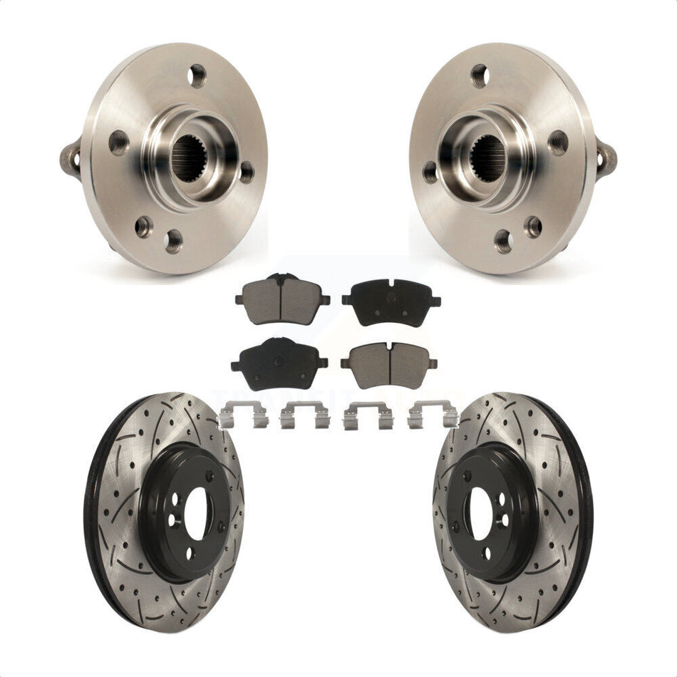 Front Hub Bearing Assembly With Coated Drilled Slotted Disc Brake Rotors And Ceramic Pads Kit For Mini Cooper 294mm Diameter Rotor 4 Lug Wheels KBB-120158