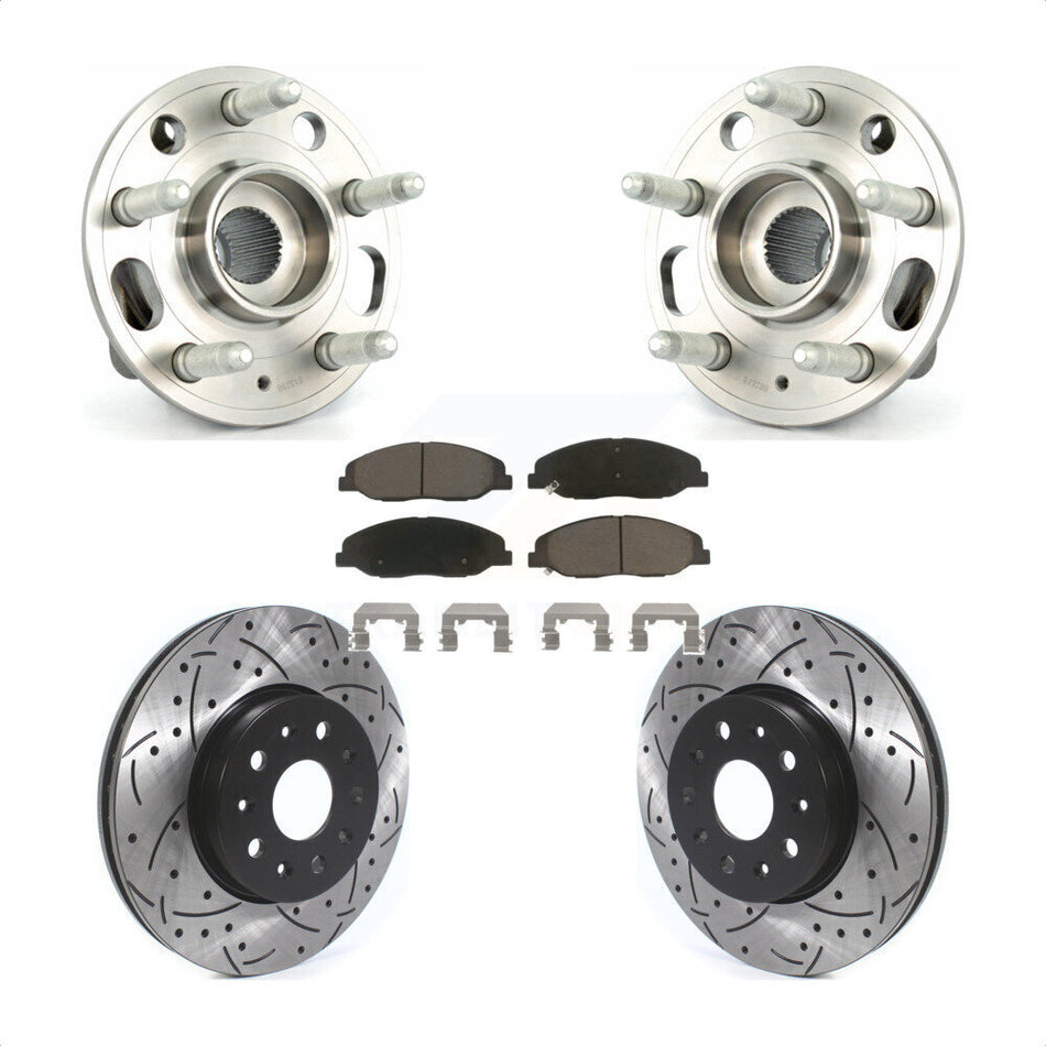 Front Hub Bearing Assembly With Coated Drilled Slotted Disc Brake Rotors And Ceramic Pads Kit For Cadillac CTS Without Heavy Duty Brakes KBB-120244