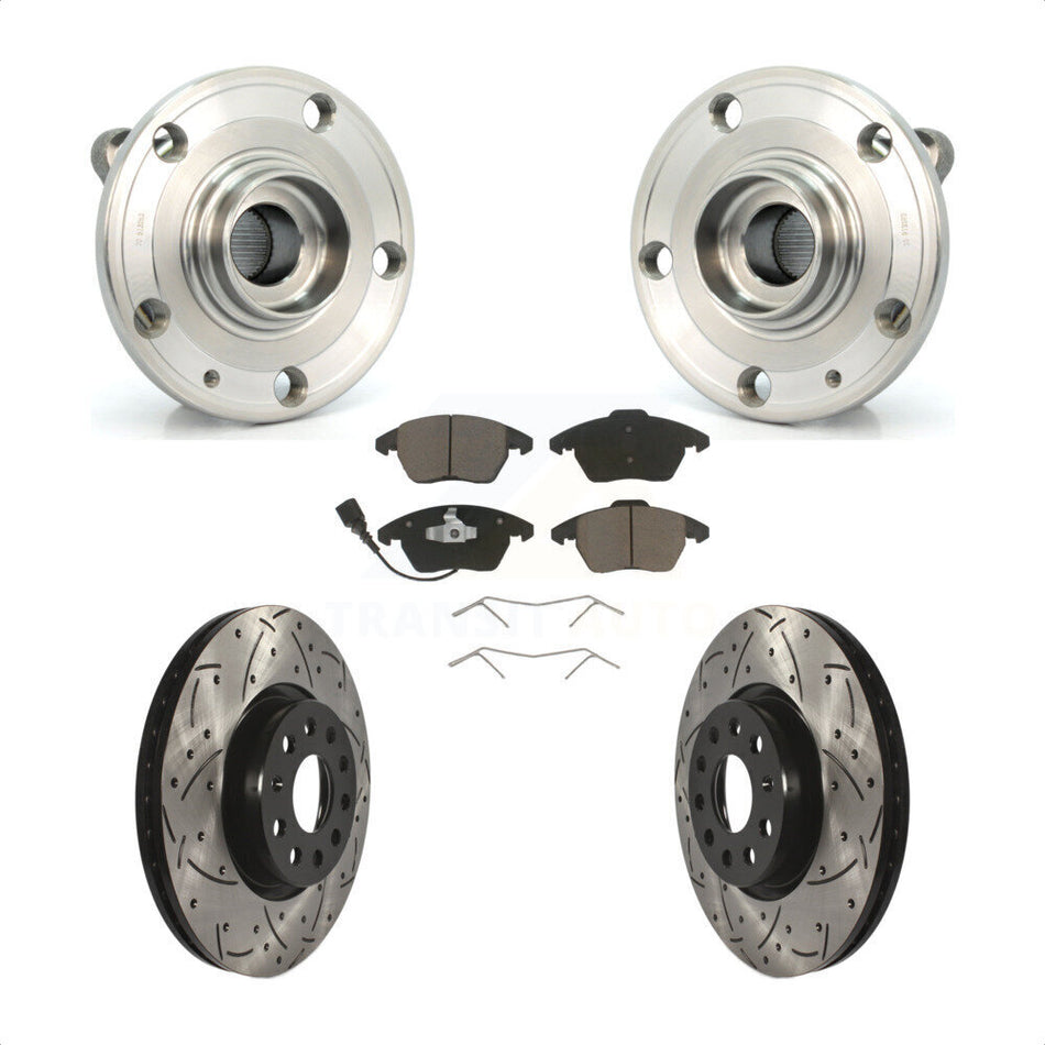 Front Hub Bearing Assembly With Coated Drilled Slotted Disc Brake Rotors And Ceramic Pads Kit For Volkswagen Jetta Beetle CC Passat GTI Audi Eos A3 TT Quattro Golf KBB-120250