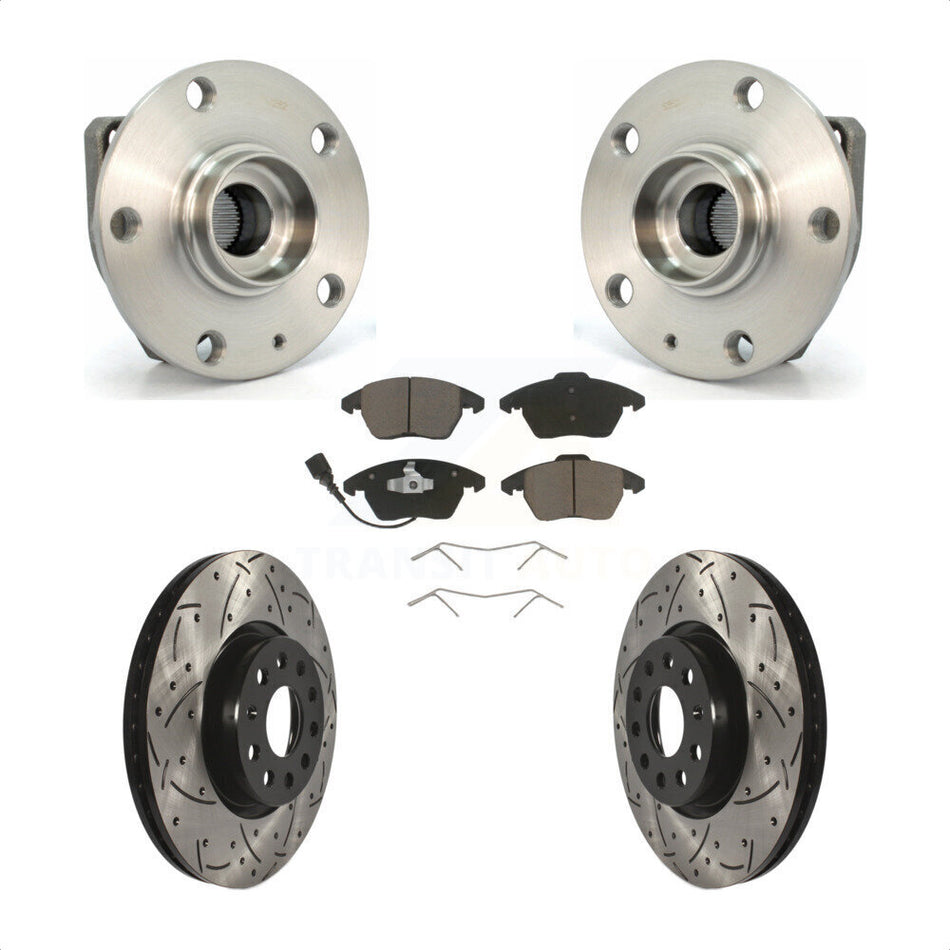 Front Hub Bearing Assembly With Coated Drilled Slotted Disc Brake Rotors And Ceramic Pads Kit For Volkswagen GTI Eos Audi A3 KBB-120269
