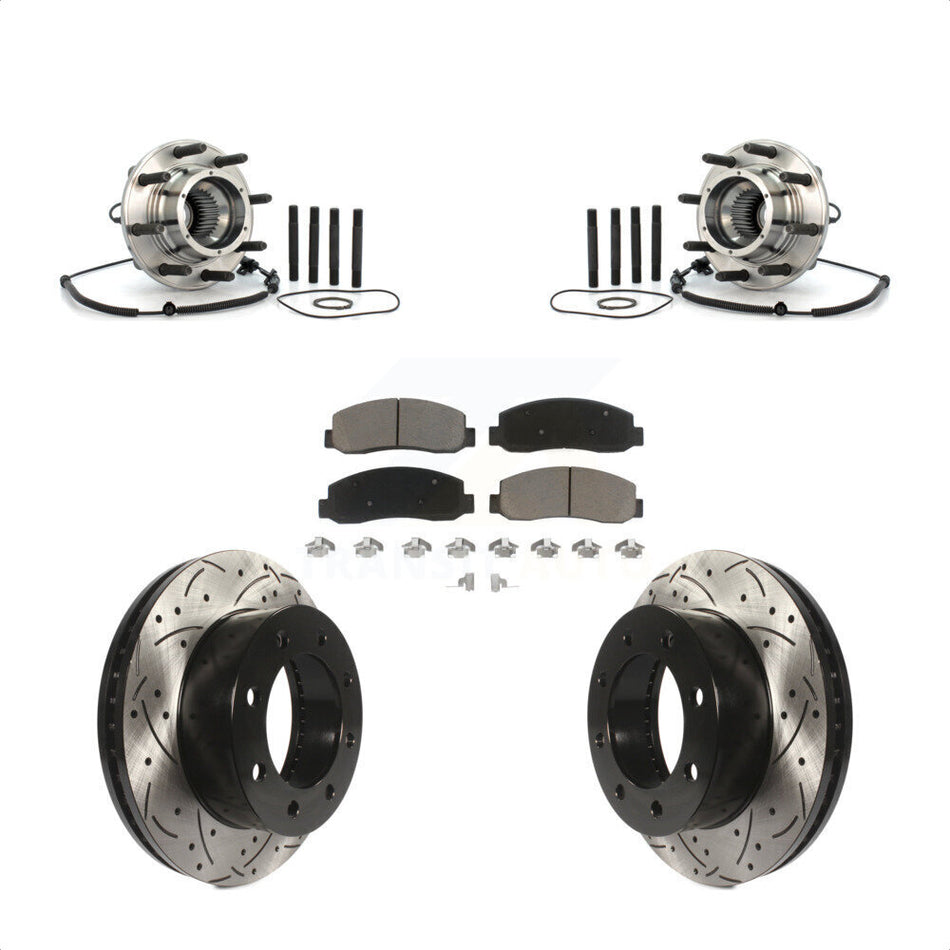 Front Hub Bearing Assembly With Coated Drilled Slotted Disc Brake Rotors And Ceramic Pads Kit For Ford F-250 Super Duty F-350 Single Rear Wheels KBB-120292