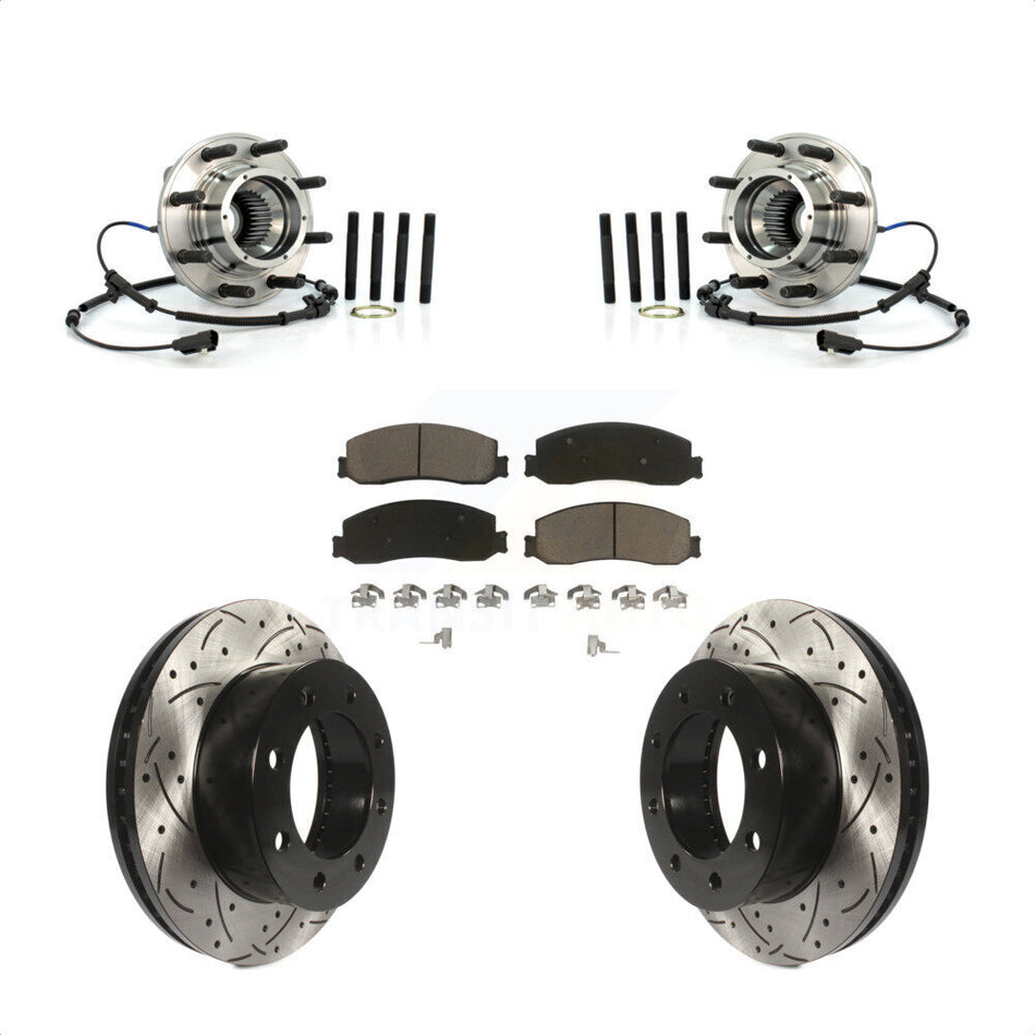 Front Hub Bearing Assembly With Coated Drilled Slotted Disc Brake Rotors And Ceramic Pads Kit For 2011-2011 Ford F-250 Super Duty F-350 Single Rear Wheels 4WD KBB-120294