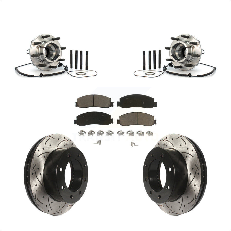 Front Hub Bearing Assembly With Coated Drilled Slotted Disc Brake Rotors And Ceramic Pads Kit For 2008-2010 Ford F-350 Super Duty 4WD Single Rear Wheels KBB-120297