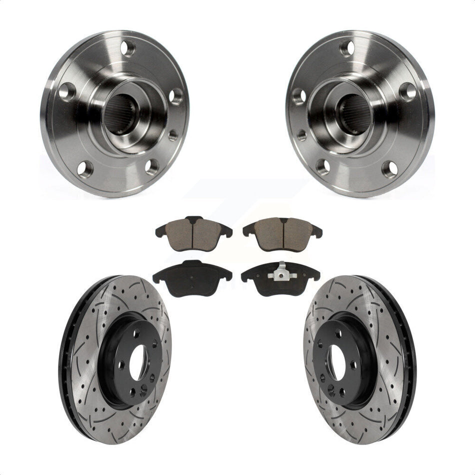 Front Hub Bearing Assembly With Coated Drilled Slotted Disc Brake Rotors And Ceramic Pads Kit For Volvo S60 XC70 S80 V60 V70 300mm Diameter Rotor KBB-120310