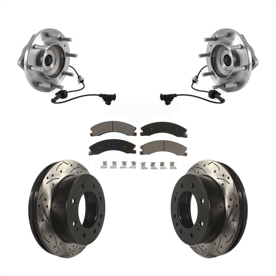 Front Hub Bearing Assembly With Coated Drilled Slotted Disc Brake Rotors And Ceramic Pads Kit For 2011-2019 Chevrolet Silverado 3500 HD GMC Sierra Dual Rear Wheels 4WD KBB-120323