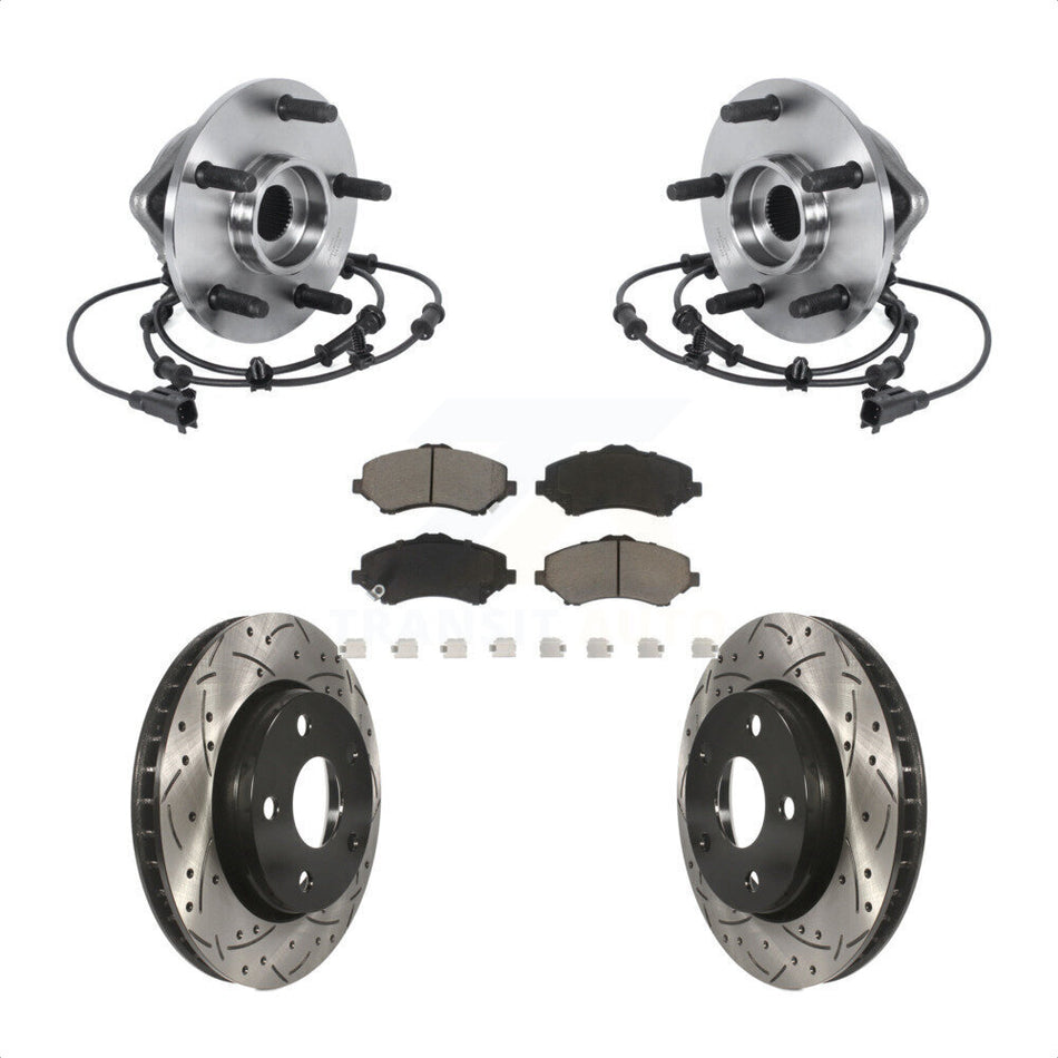 Front Hub Bearing Assembly Coated Drilled Slotted Brake Rotor & Pad Kit For Jeep Wrangler KBB-120347