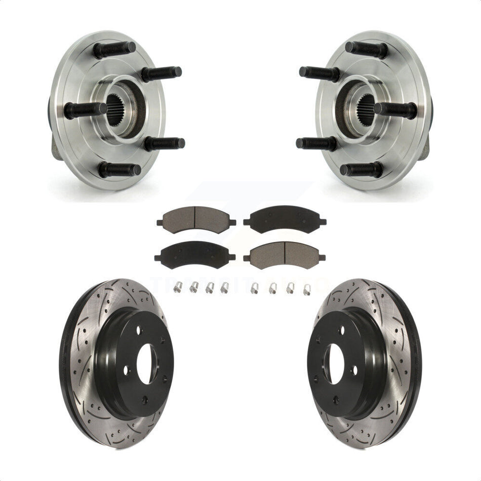 Front Hub Bearing Assembly With Coated Drilled Slotted Disc Brake Rotors And Ceramic Pads Kit For Dodge Ram 1500 5 Lug Wheels KBB-120353