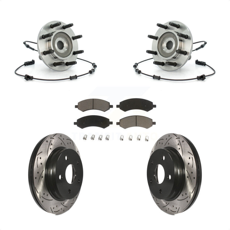 Front Hub Bearing Assembly Coated Drilled Slotted Disc Brake Rotors And Ceramic Pads Kit For 2007-2008 Dodge Ram 1500 Standard Cab Pickup Crew With 8 Lug Wheels KBB-120355