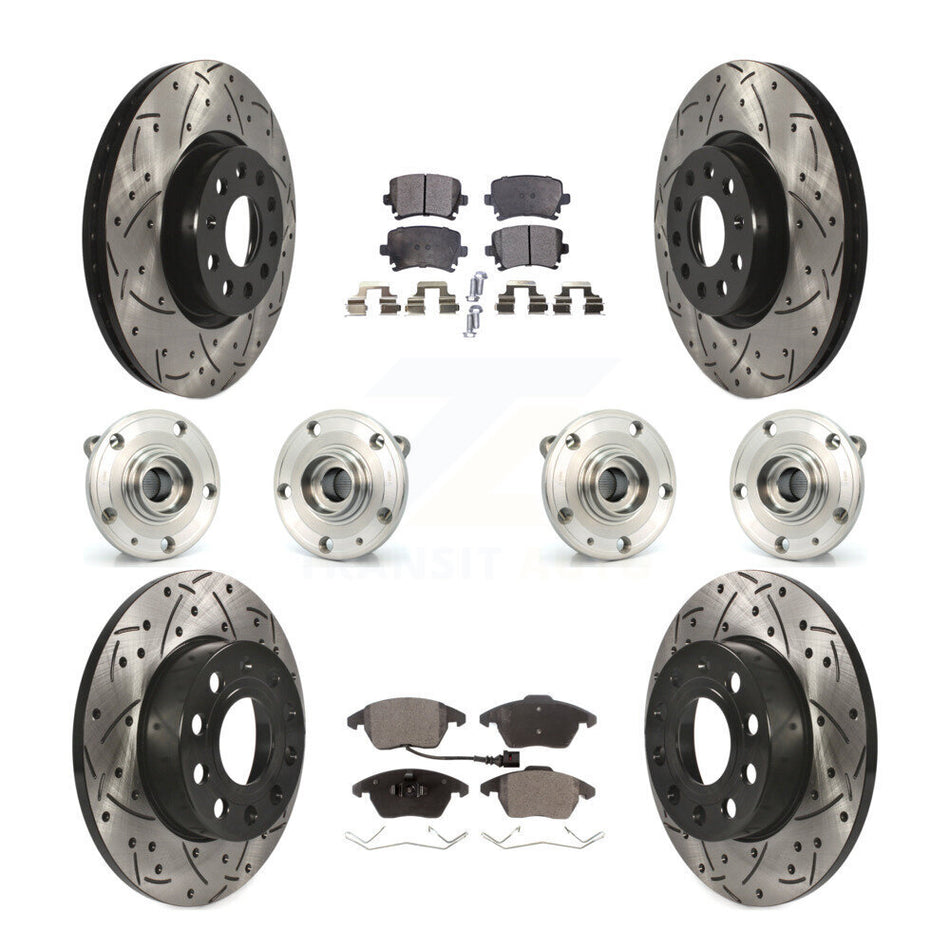 Front Rear Hub Bearings Assembly Coated Disc Brake Rotors And Semi-Metallic Pads Kit (10Pc) For 2008 Audi A3 Quattro With 260mm Diameter Rotor KBB-120474
