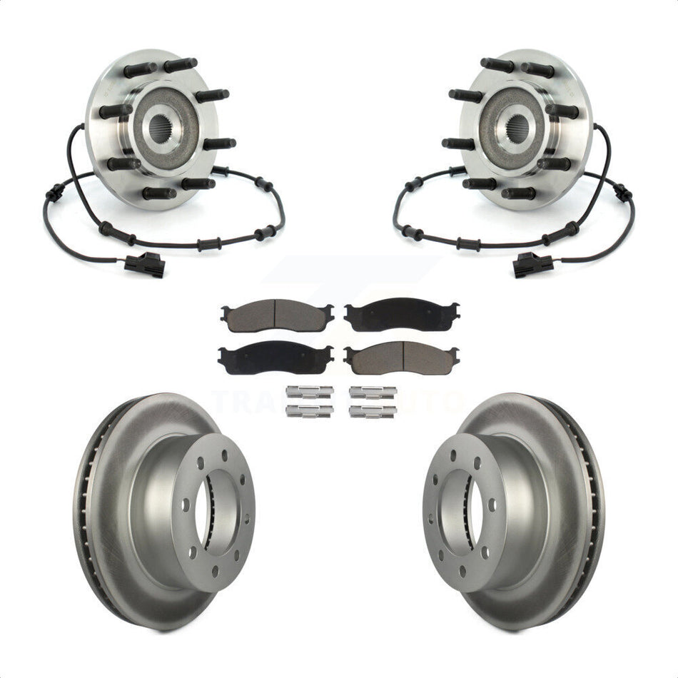 Front Hub Bearing Assembly With Coated Disc Brake Rotors And Ceramic Pads Kit For 2003-2005 Dodge Ram 2500 3500 4WD KBB-121401