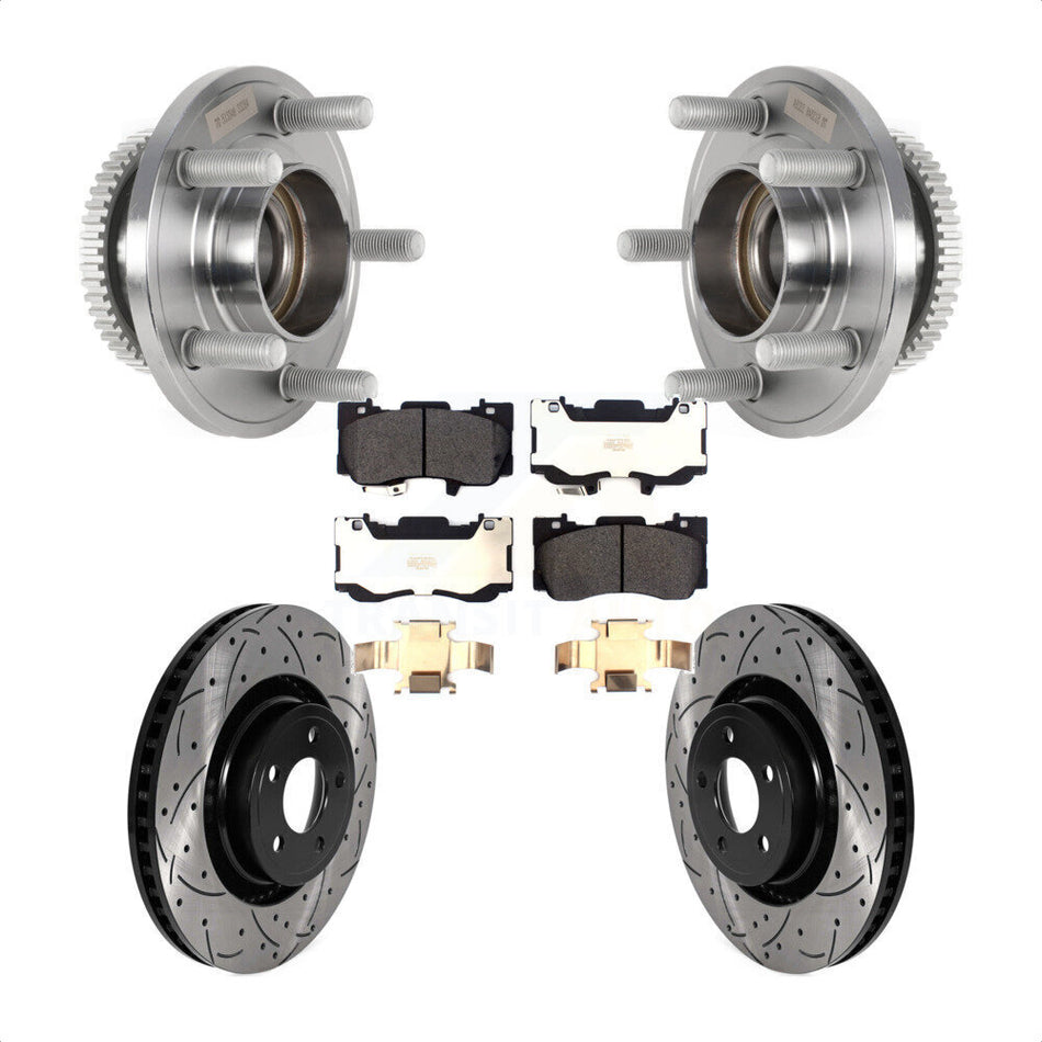 Front Hub Bearing Assembly Coated Drilled Slotted Brake Rotor & Pads Kit For Ford Mustang KBB-125586
