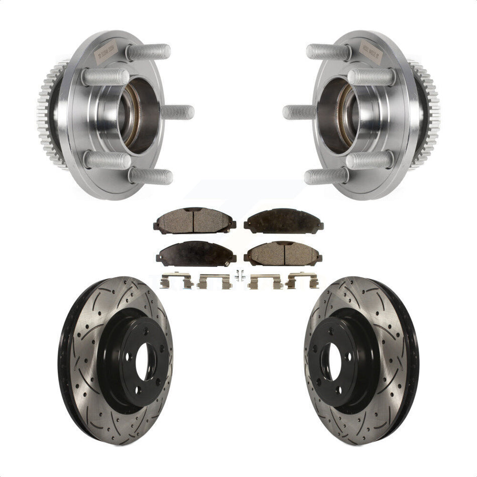 Front Hub Bearing Assembly Coated Drilled Slotted Brake Rotor & Pads Kit For Ford Mustang KBB-125589