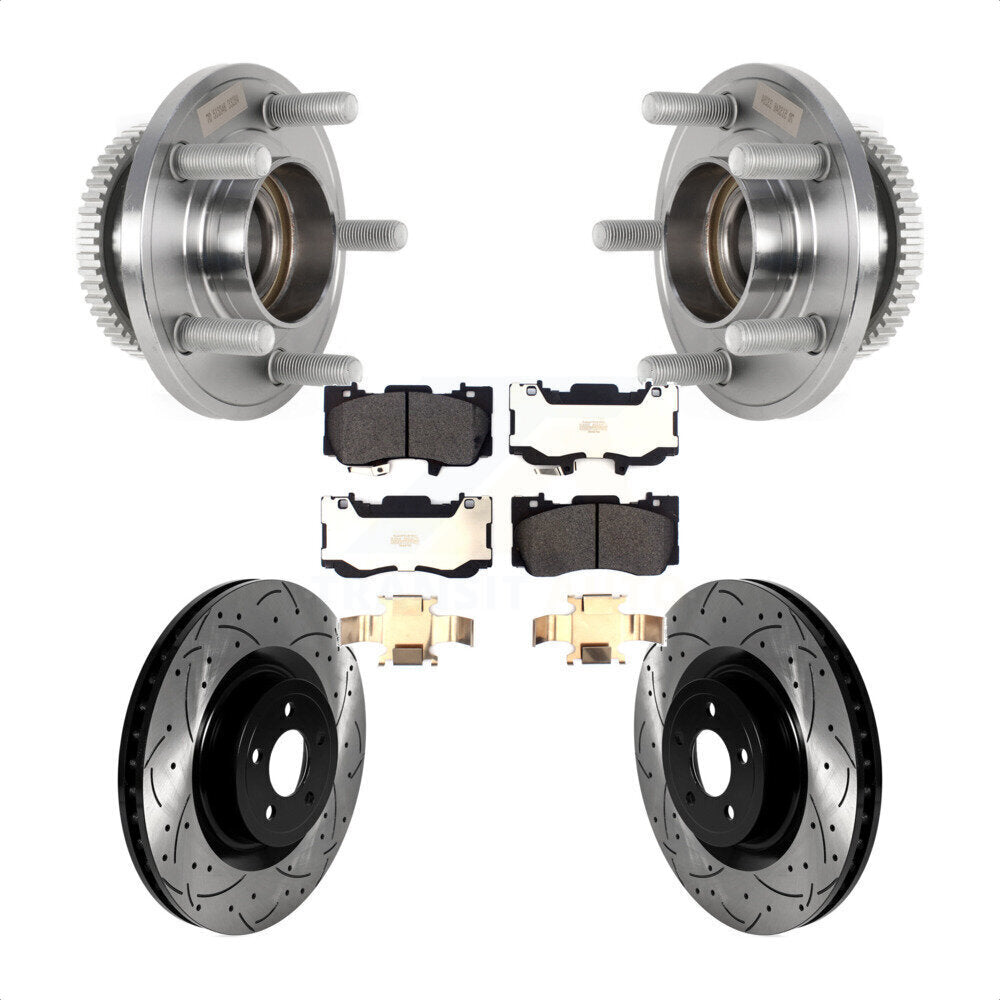 Front Hub Bearing Assembly Coated Drilled Slotted Brake Rotor & Pads Kit For Ford Mustang KBB-125590
