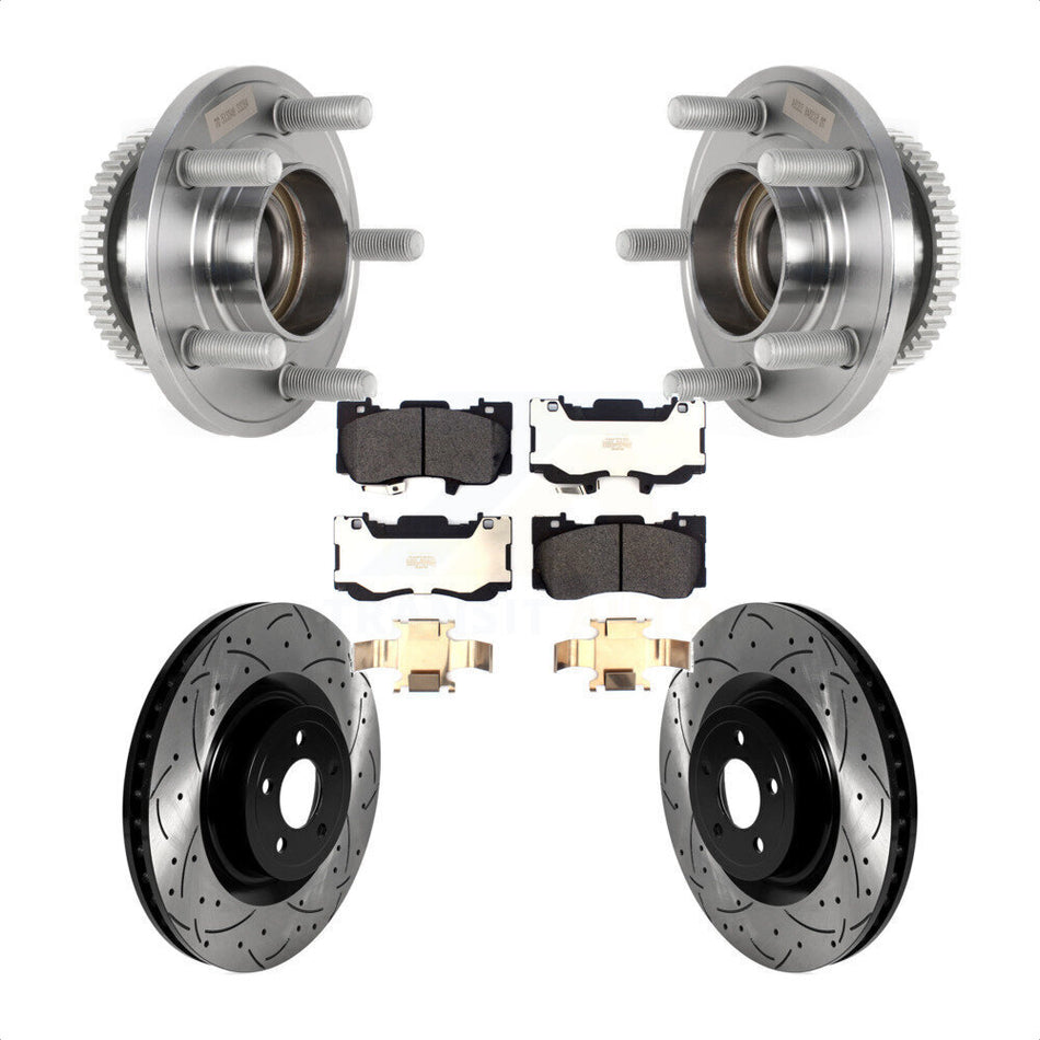 Front Hub Bearing Assembly Coated Drilled Slotted Brake Rotor & Pads Kit For Ford Mustang KBB-125590