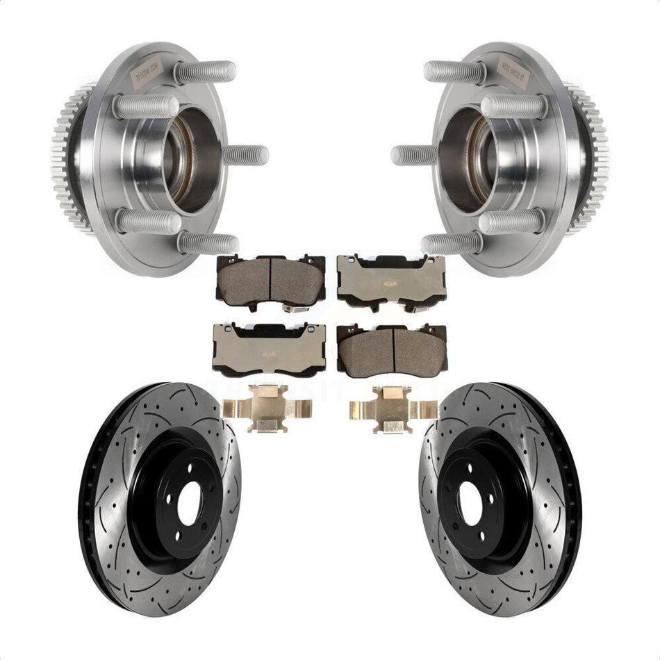 Front Hub Bearing Assembly Coated Drilled Slotted Brake Rotor & Pads Kit For Ford Mustang KBB-125764