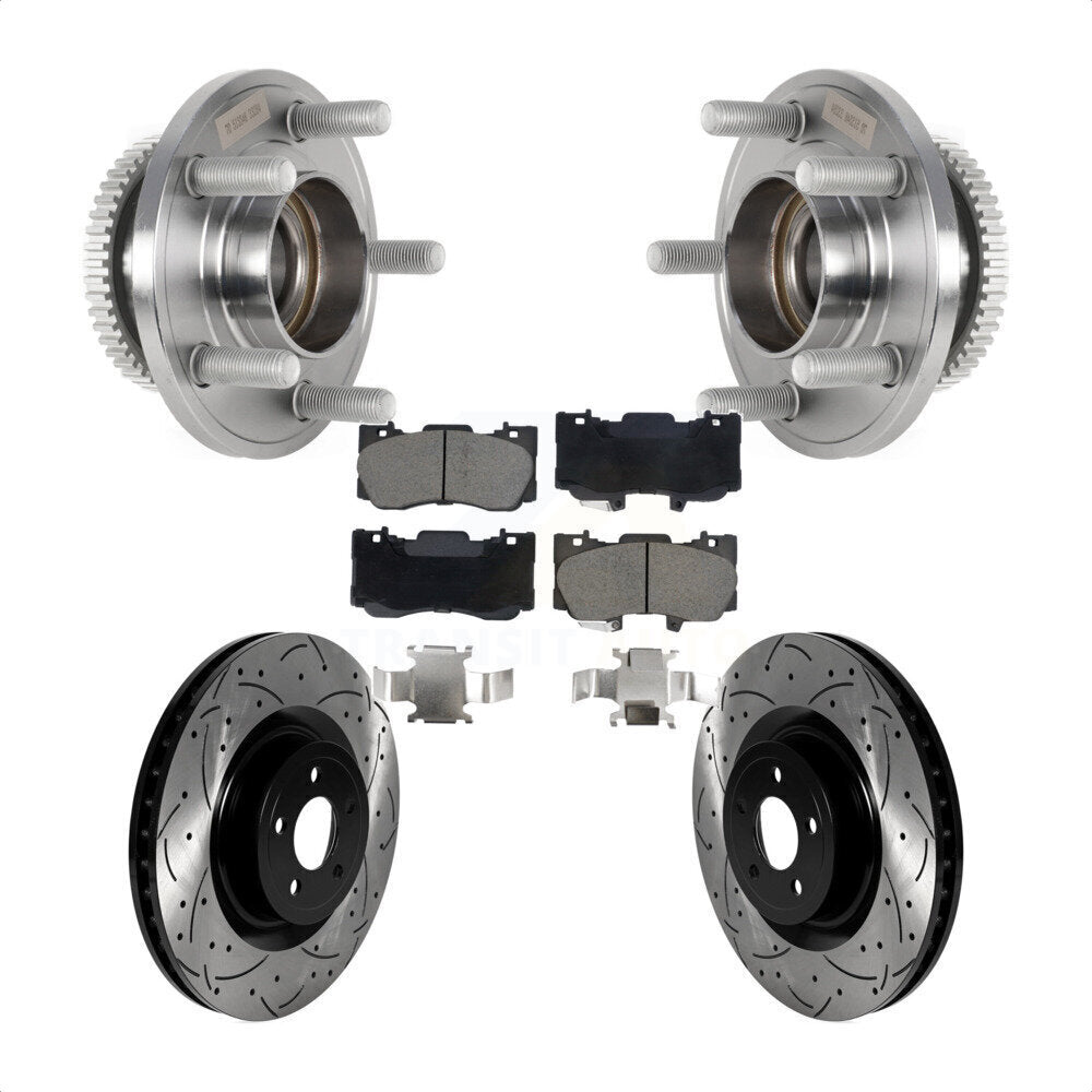 Front Hub Bearing Assembly Coated Drilled Slotted Brake Rotor & Pads Kit For Ford Mustang KBB-128929