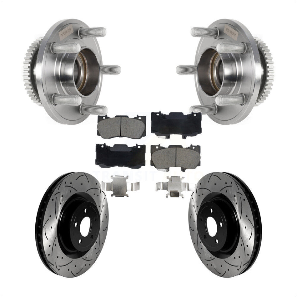 Front Hub Bearing Assembly Coated Drilled Slotted Brake Rotor & Pads Kit For Ford Mustang KBB-128929