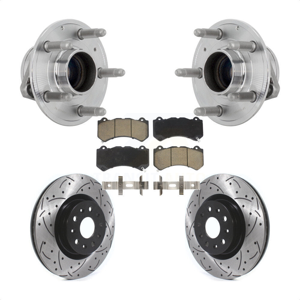 Front Hub Bearing Assembly Coated Drilled Slotted Brake Rotor & Pads Kit For Cadillac CTS KBB-131326