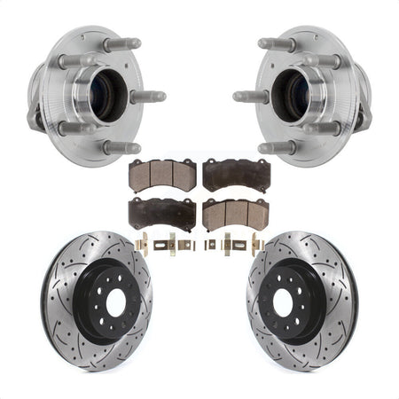 Front Hub Bearing Assembly Coated Drilled Slotted Brake Rotor & Pads Kit For Cadillac CTS KBB-131399