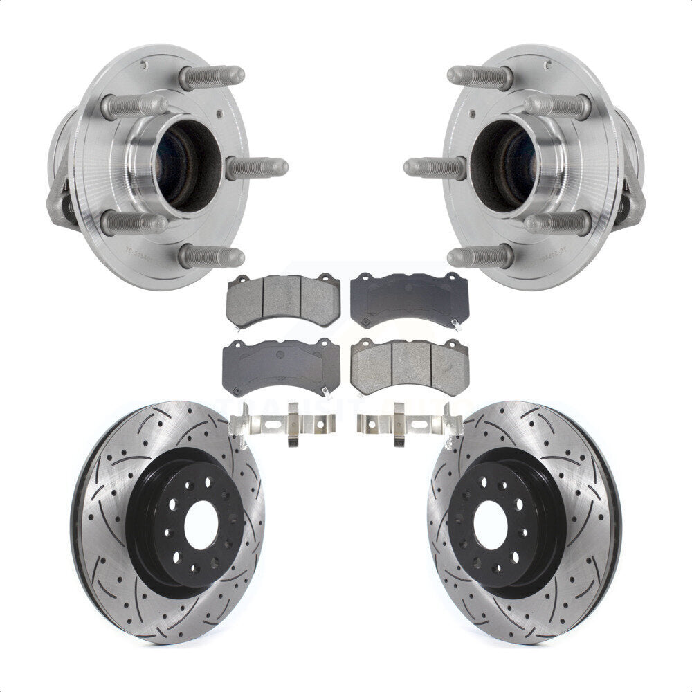 Front Hub Bearing Assembly Coated Drilled Slotted Brake Rotor & Pads Kit For Cadillac CTS KBB-131467