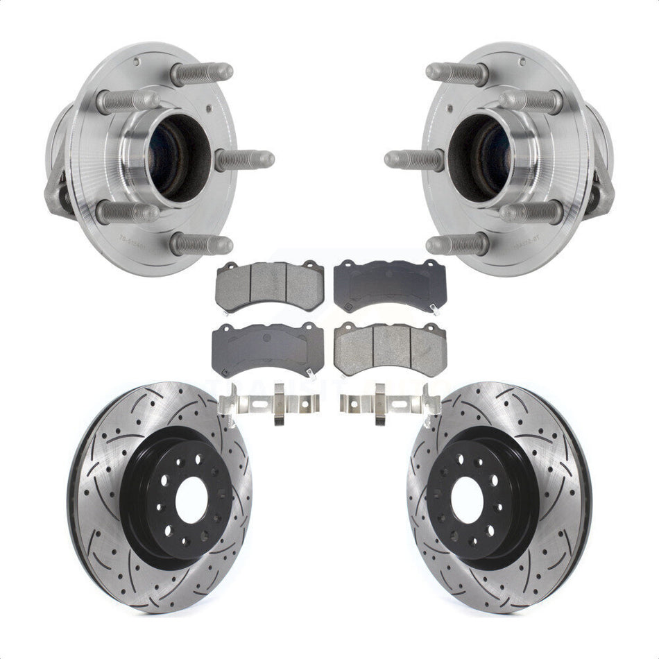 Front Hub Bearing Assembly Coated Drilled Slotted Brake Rotor & Pads Kit For Cadillac CTS KBB-131467