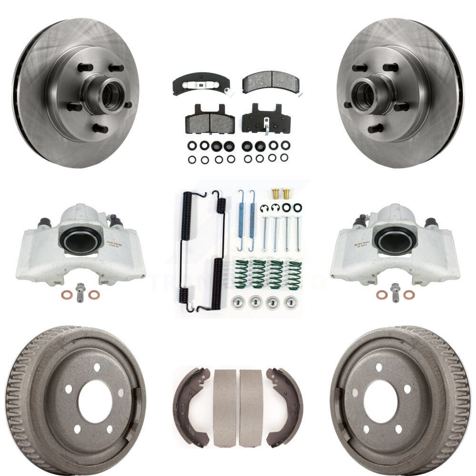 Front Rear Disc Brake Caliper Rotors Drums Semi-Metallic Pads Shoes And Hardware Kit (9Pc) For GMC Yukon With 10" Diameter Drum KC8-100756S