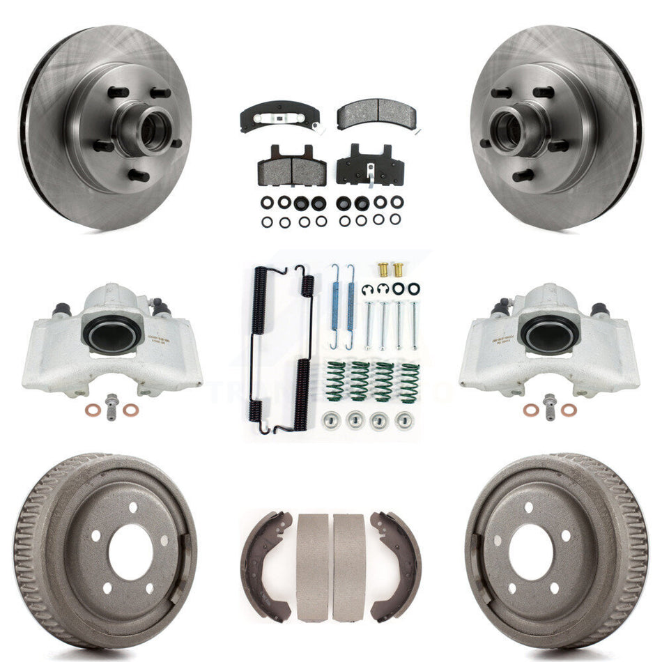 Front Rear Disc Brake Caliper Rotors Drums Semi-Metallic Pads Shoes And Hardware Kit (9Pc) For GMC Yukon With 10" Diameter Drum KC8-100756S