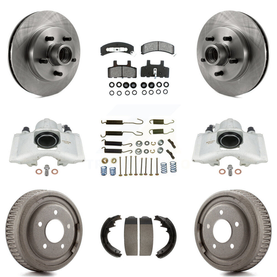 Front Rear Disc Brake Caliper Rotors Drums Semi-Metallic Pads Shoes And Hardware Kit (9Pc) For 1995-1997 GMC Yukon RWD with GAS engine With 11" Diameter Drum KC8-100757S