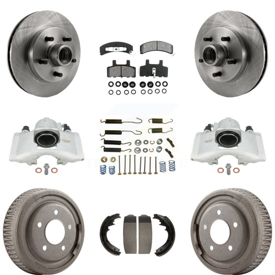 Front Rear Disc Brake Caliper Rotors Drums Semi-Metallic Pads Shoes And Hardware Kit (9Pc) For 1995-1997 GMC Yukon RWD with GAS engine With 11" Diameter Drum KC8-100757S