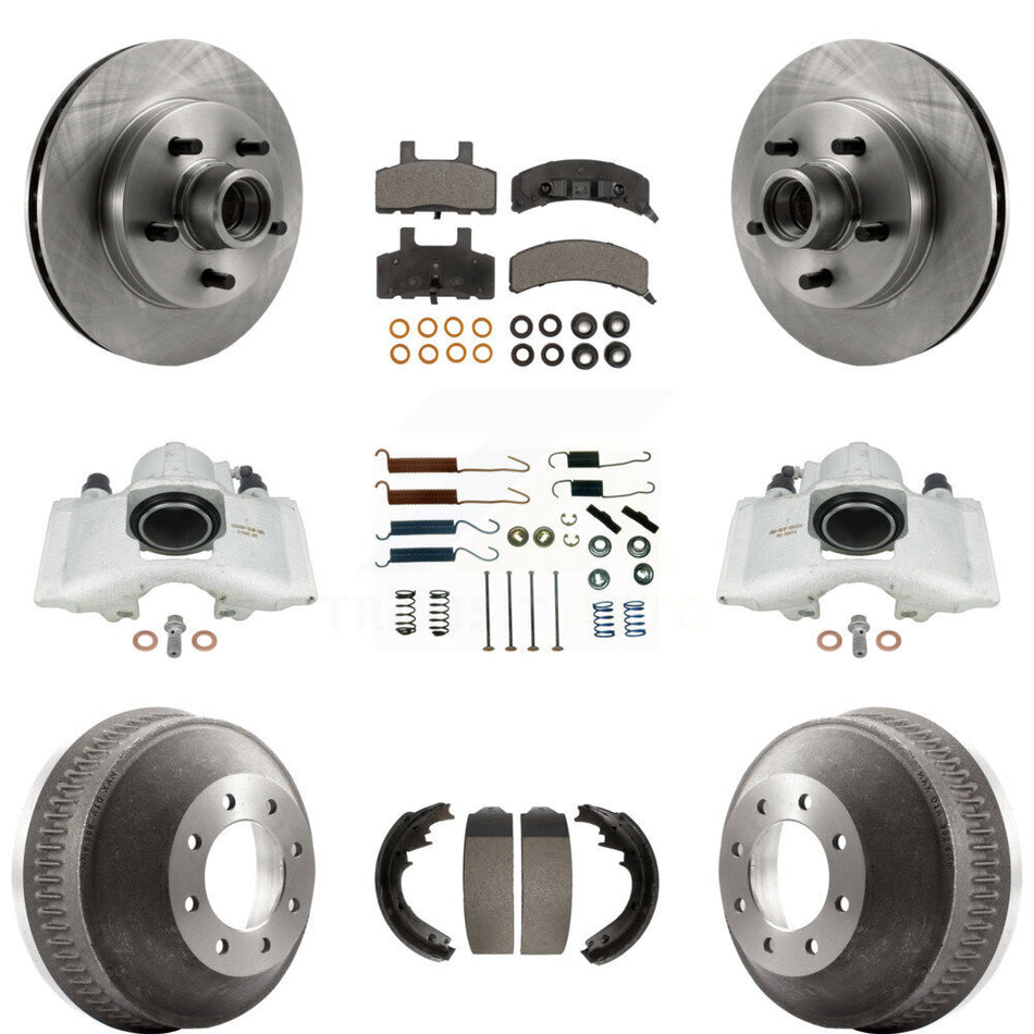 Front Rear Disc Brake Caliper Rotors Drums Semi-Metallic Pads Shoes And Hardware Kit (9Pc) For 1998 Chevrolet C1500 Suburban GAS engine With 13" Diameter Drum KC8-100762P