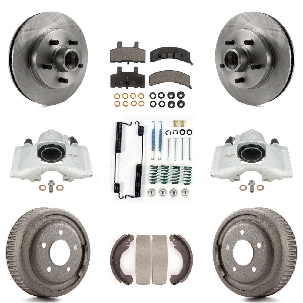 Front Rear Disc Brake Caliper Rotors Drums Semi-Metallic Pads Shoes And Hardware Kit (9Pc) For GMC Yukon With 10" Diameter Drum KC8-100764P by Transit Auto