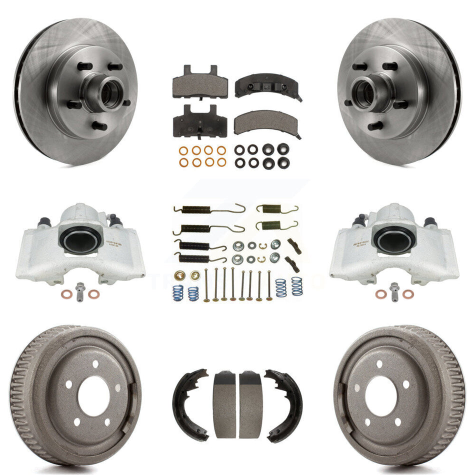 Front Rear Disc Brake Caliper Rotors Drums Semi-Metallic Pads Shoes And Hardware Kit (9Pc) For 1995-1997 GMC Yukon RWD with GAS engine With 11" Diameter Drum KC8-100765P