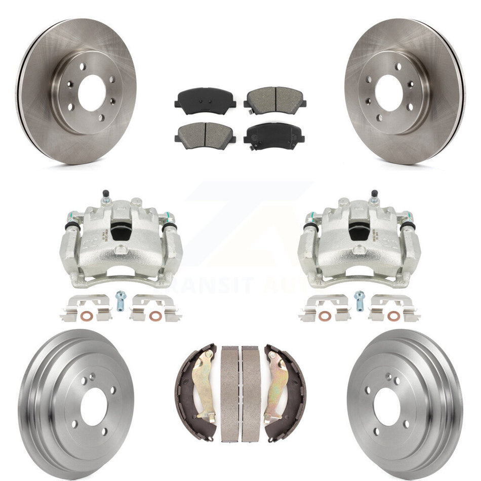 Front Rear Disc Brake Caliper Rotors Drums Semi-Metallic Pads Kit (8Pc) For 2012-2017 Hyundai Accent KC8-100765S