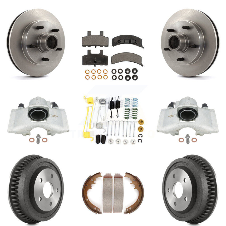 Front Rear Disc Brake Caliper Rotors Drums Semi-Metallic Pads Shoes And Hardware Kit (9Pc) For 1994-1999 Dodge Ram 1500 RWD KC8-100766P
