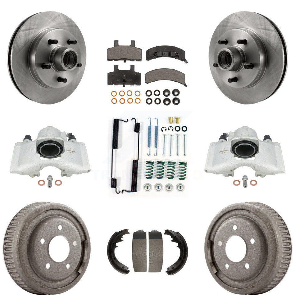 Front Rear Disc Brake Caliper Rotors Drums Ceramic Pads Shoes And Hardware Kit (9Pc) For 1997-1998 Chevrolet C1500 Suburban GAS engine With 10" Diameter Drum KC8-100771T