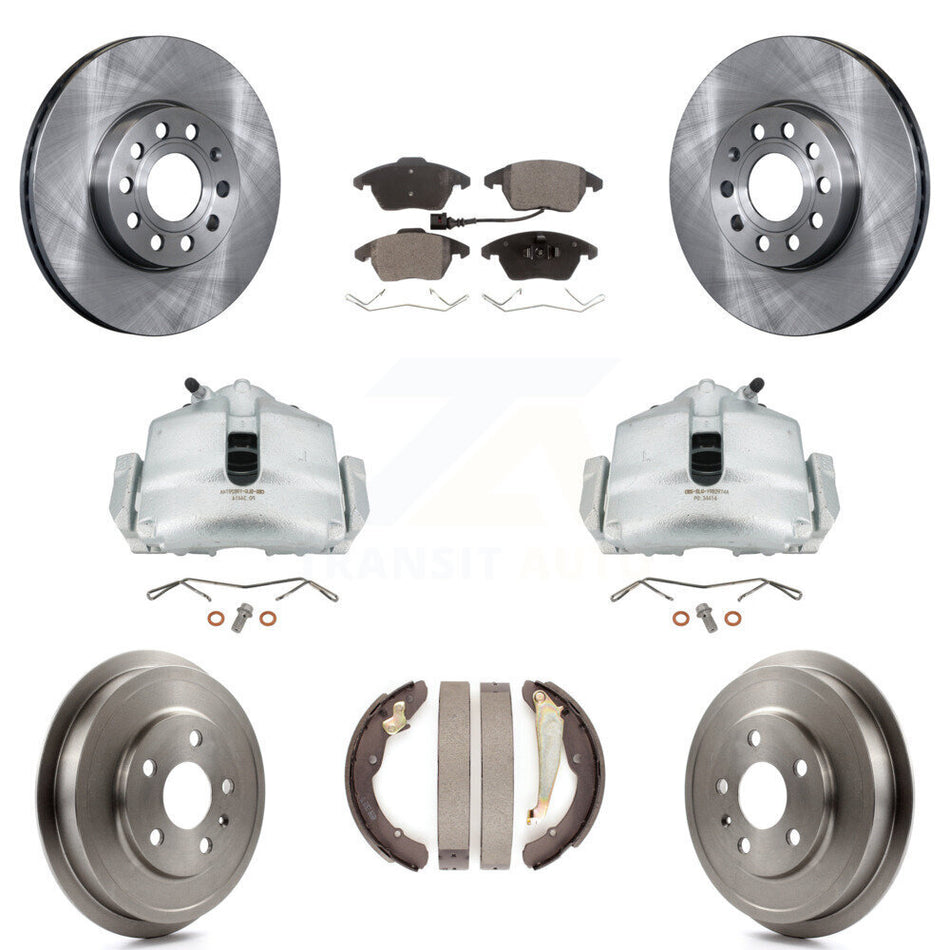 Front Rear Disc Brake Caliper Rotors Drums Ceramic Pads Kit (8Pc) For Volkswagen Jetta With 288mm Diameter Rotor KC8-100787T