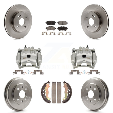 Front Rear Disc Brake Caliper Rotors Drums Ceramic Pads Kit (8Pc) For 2011-2014 Mazda 2 KC8-100838T