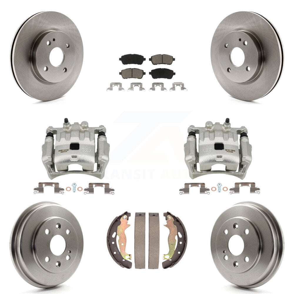 Front Rear Disc Brake Caliper Rotors Drums Ceramic Pads Kit (8Pc) For 2011-2014 Mazda 2 KC8-100846C