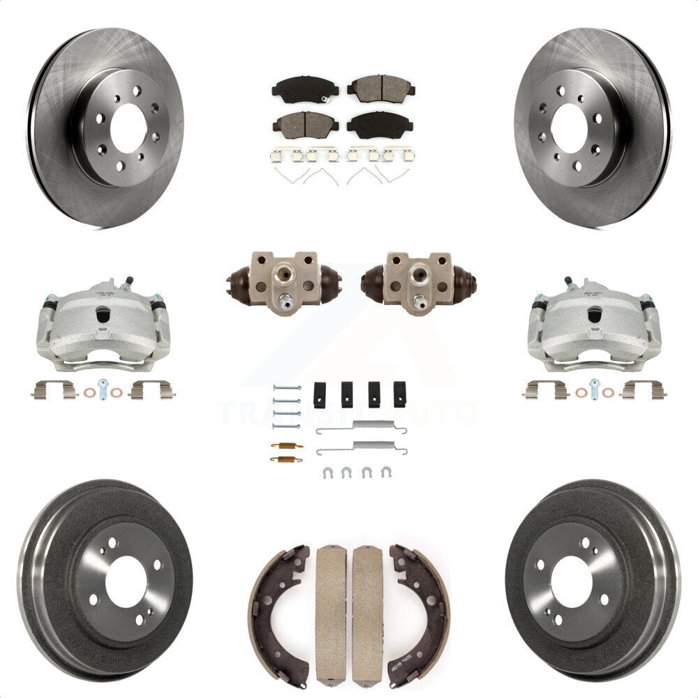 Front Rear Disc Brake Caliper Rotors Drums Semi-Metallic Pads Shoes Wheel Cylinders And Hardware Kit (11Pc) For Honda Civic With 4 Lug Wheels KC8-100859S by Transit Auto